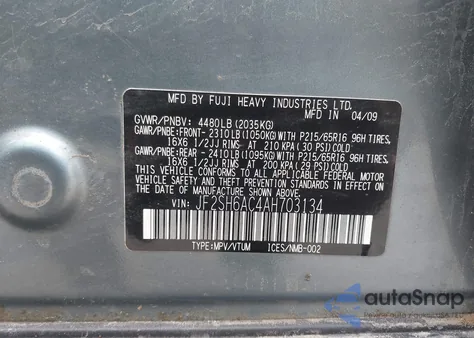 2010 Subaru Forester 2.5X from USA, damaged, VIN JF2SH6AC4AH703134